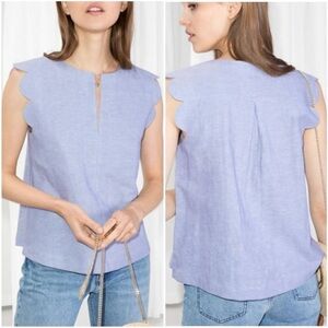 & Other Stories Linen Blend Scalloped Chambray Blue Blouse Size 6